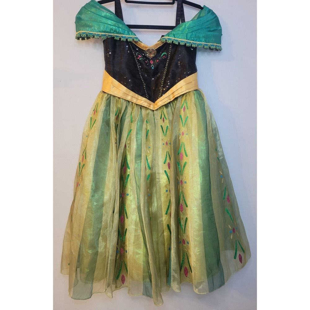 Disney Store Frozen Anna Coronation Costume Dress Girls 7/8 Green Black Gold